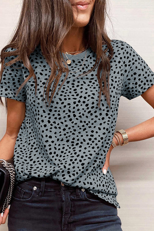 Gray Cheetah Print O-neck Short Sleeve T Shirt