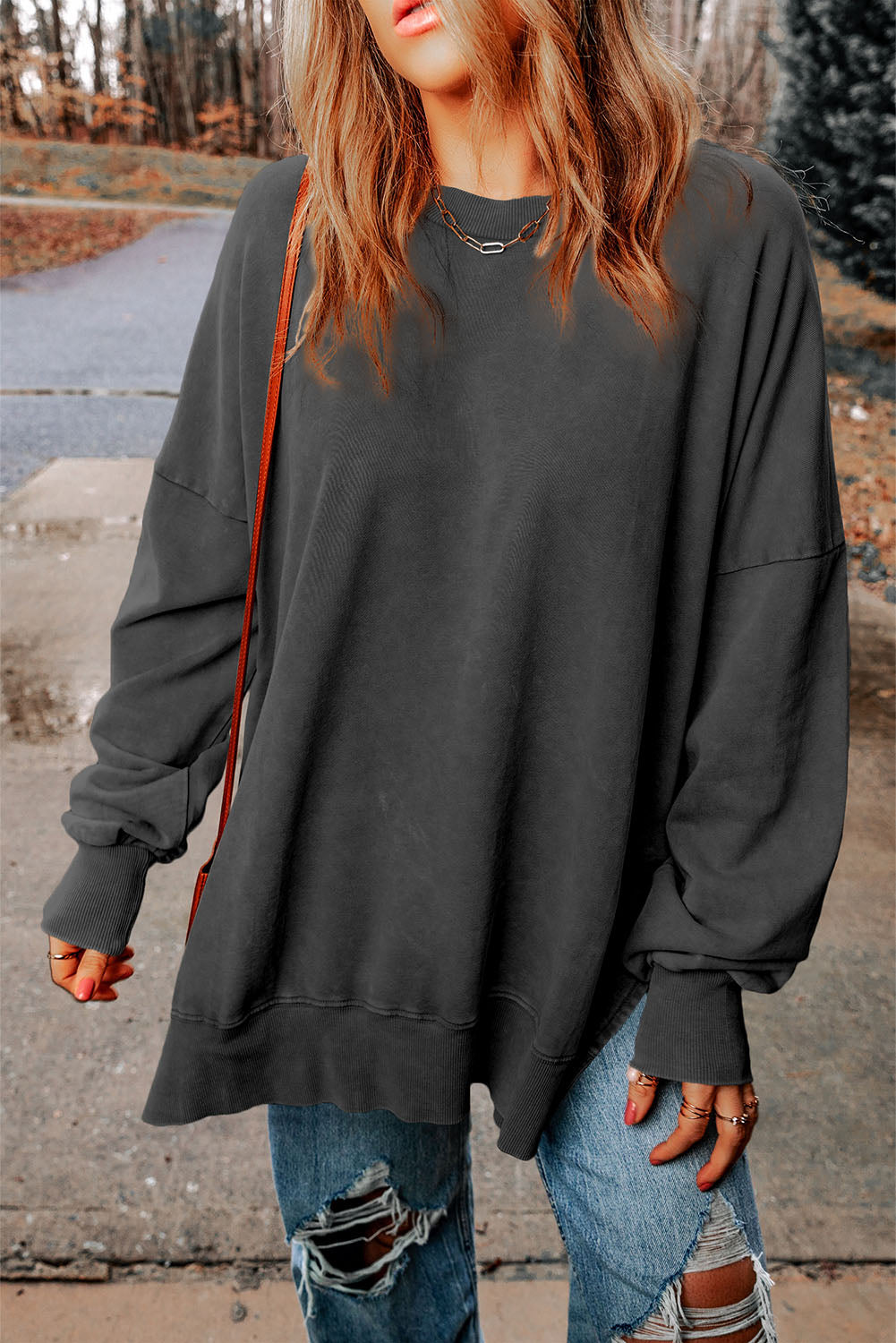 Black Drop Shoulder Ribbed Trim Oversized Sweatshirt