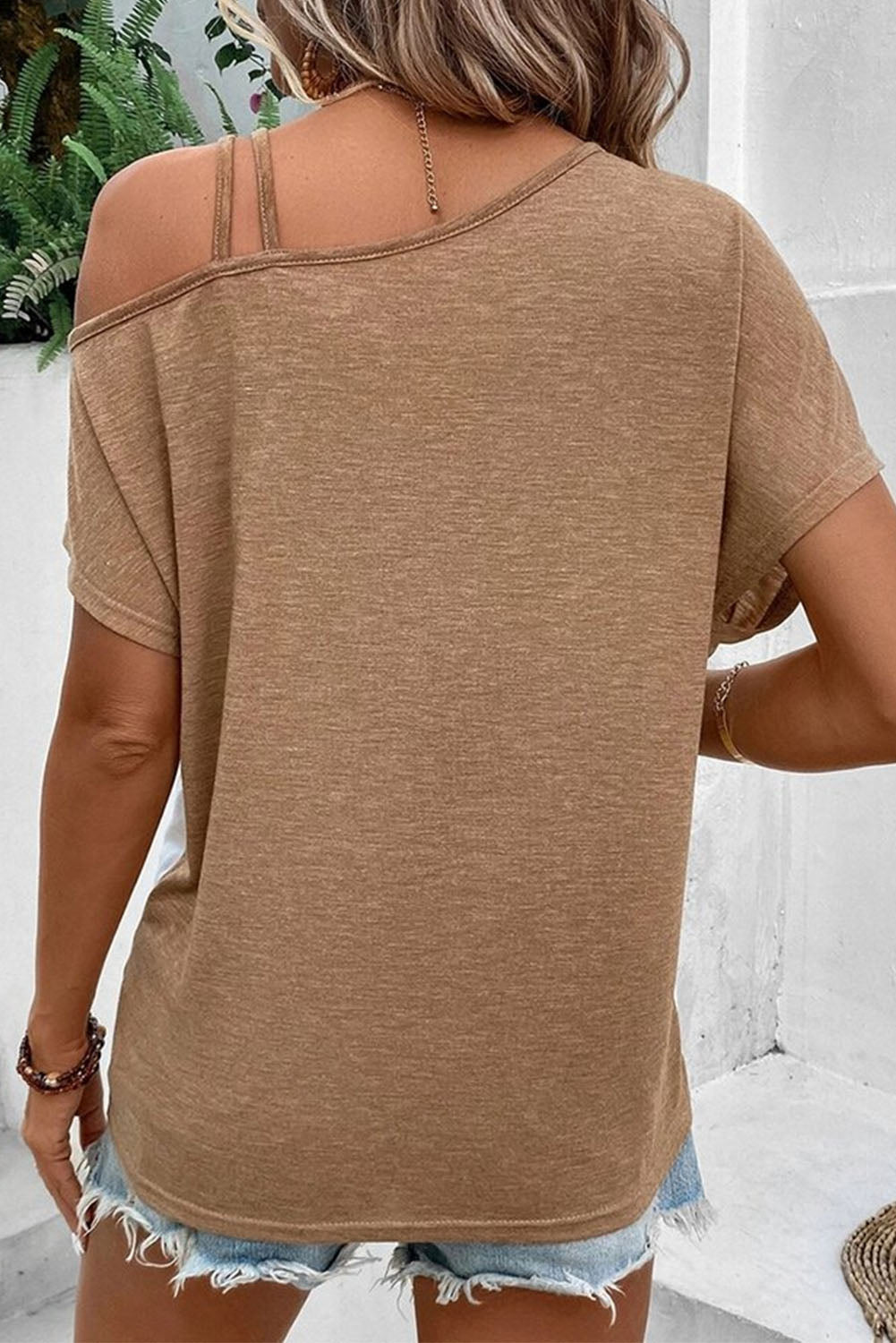 Khaki Asymmetric Colorblock Strappy Cold Shoulder Twist Hem Top